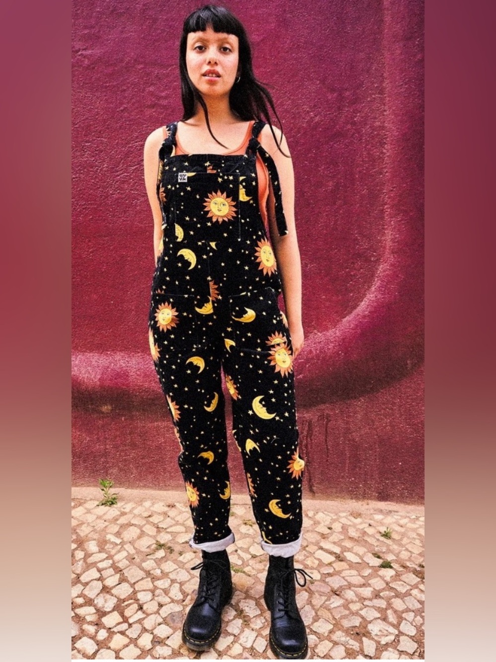Lucy & Yak Black Sun & Moon Print Overalls
